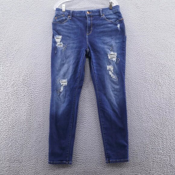 Chicos Womens Platinum Jegging Jeans 1 Size 8 Blue Distressed Studded Stretch - Picture 1 of 11